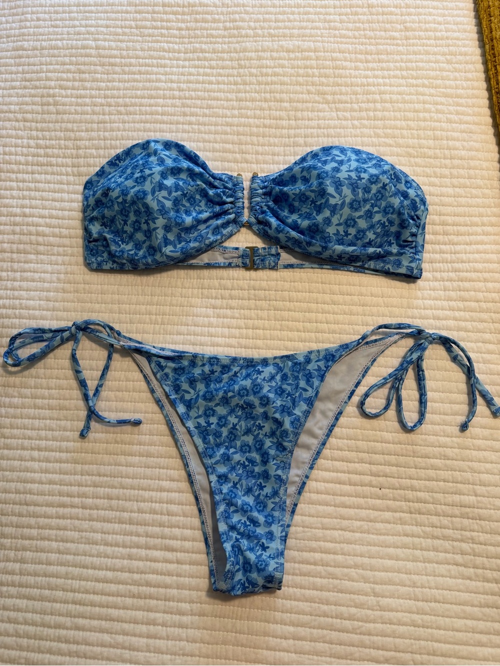 SHEIN Blue Floral Bandeau Tie-Side Bikini